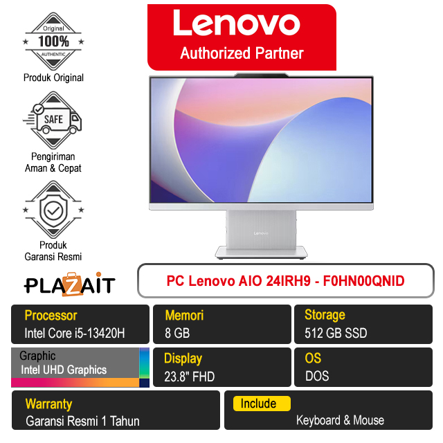 PC Lenovo AIO 24IRH9 - F0HN00QNID /Intel Core i5-13420H/8GB/512GB SSD/Intel UHD Graphics/23.8" FHD/DOS/Cloud Grey/1Y