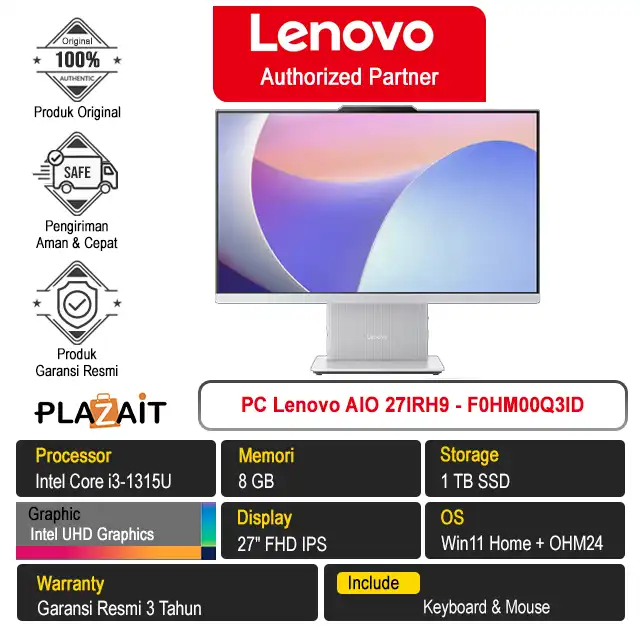 PC Lenovo AIO 27IRH9 - F0HM00Q3ID /Intel Core i3-1315U/8GB/1TB SSD/Intel UHD Graphics/27" FHD/Win 11 Home+OH24+M365/Cloud Grey/3Y