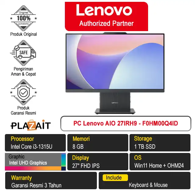 PC Lenovo AIO 27IRH9 - F0HM00Q4ID /Intel Core i3-1315U/8GB/1TB SSD/Intel UHD Graphics/27" FHD/Win 11 Home+OH24+M365/Luna Grey/3Y