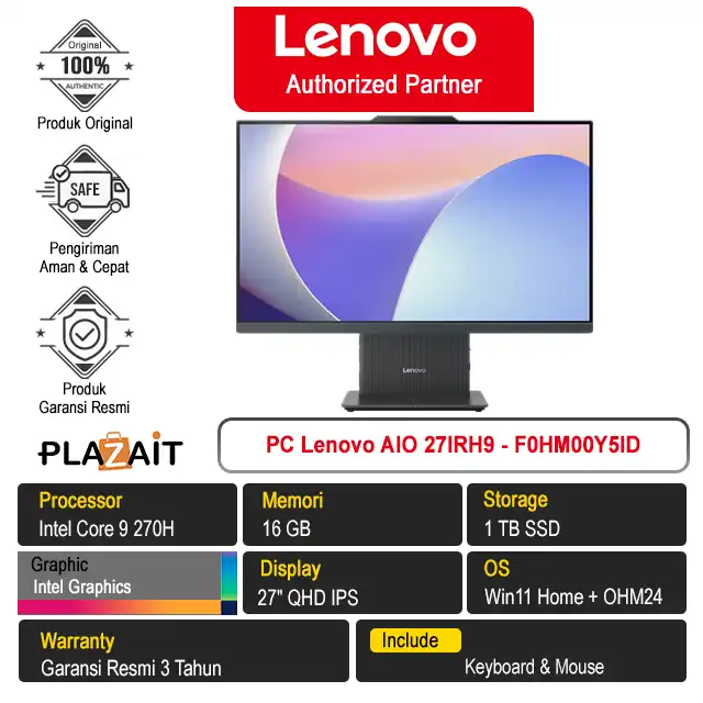 PC Lenovo AIO 27IRH9 - F0HM00Y5ID /Intel Core 9 270H/16GB/1TB SSD/Intel Graphics/27" QHD/Win 11 Home+OH24+M365/Luna Grey/3Y
