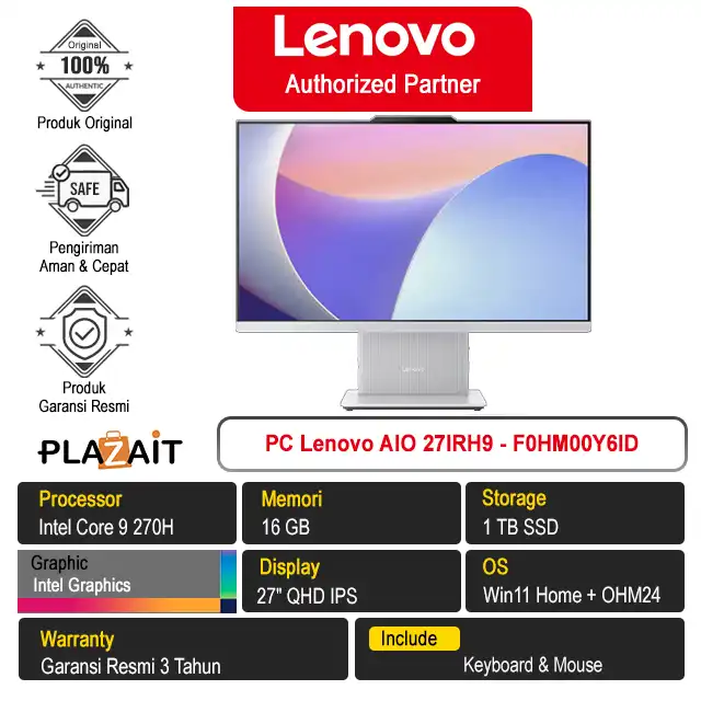 PC Lenovo AIO 27IRH9 - F0HM00Y6ID /Intel Core 9 270H/16GB/1TB SSD/Intel Graphics/27" QHD/Win 11 Home+OH24+M365/Cloud Grey/3Y
