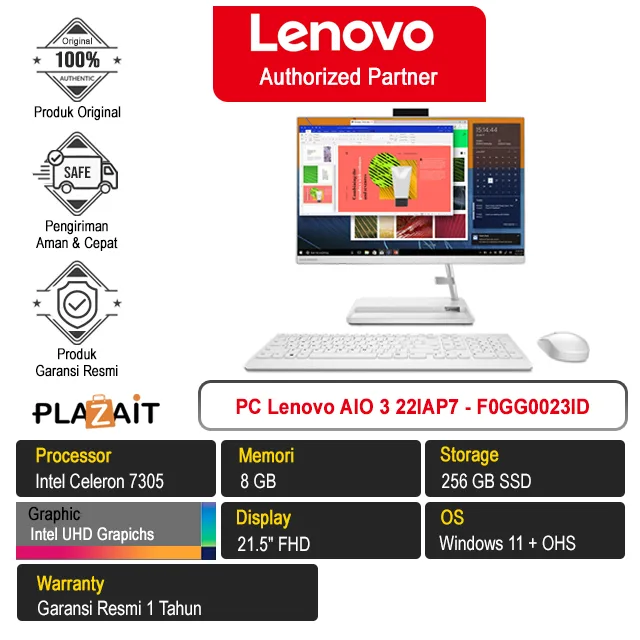 PC Lenovo AIO 3 22IAP7 - F0GG0023ID /Intel Celeron 7305/8GB/256GB SSD/Intel UHD Graphics/21.5″ FHD/Windows 11+OHS 2021/White/1Y