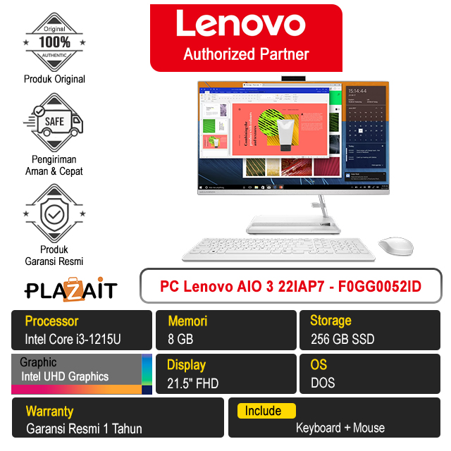 PC Lenovo AIO 3 22IAP7 - F0GG0052ID /Intel Core i3-1215U/8GB/256GB SSD/Intel UHD Graphics/21.5" FHD/DOS/White/1Y