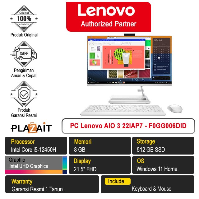 PC Lenovo AIO 3 22IAP7 - F0GG006DID /Intel Core i5-12450H/8GB/512GB SSD/Intel UHD Graphics/21.5" FHD/Windows 11 Home/White/1Y