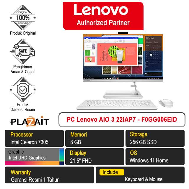 PC Lenovo AIO 3 22IAP7 - F0GG006EID /Intel Celeron 7305/8GB/256GB SSD/Intel UHD Graphics/21.5" FHD/Windows 11 Home/White/1Y