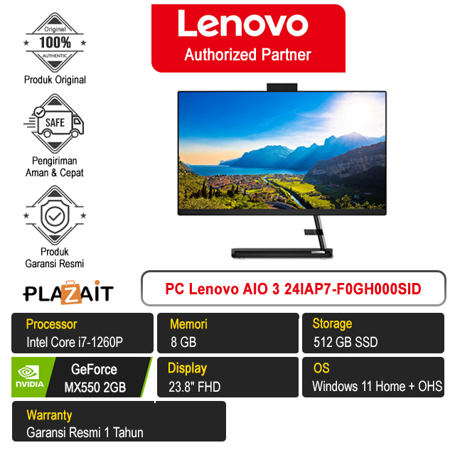 PC Lenovo AIO 3 24IAP7-F0GH000SID/Intel Core i7-1260P/1X8GB/512GB/NVIDIA GeForce MX550 2GB/23.8” FHD/Win 11+OHS/Black/1Y