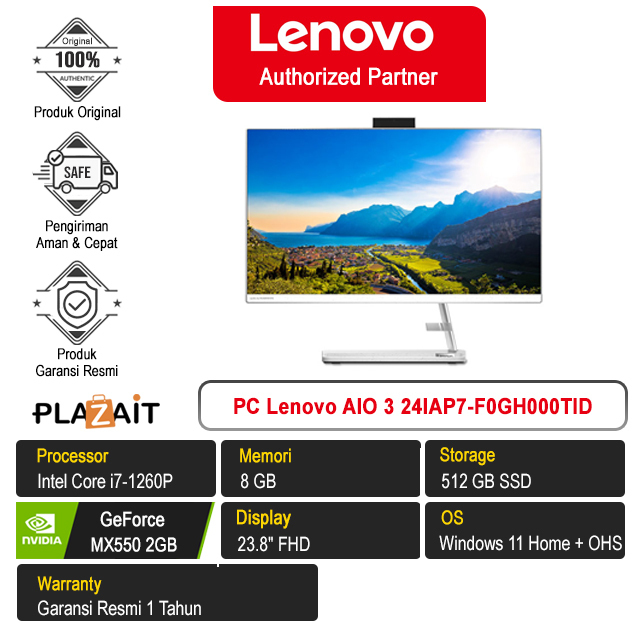 PC Lenovo AIO 3 24IAP7 - F0GH000TID /Intel Core i7-1260P/8GB/512GB/MX550 2GB/23.8” FHD/Win 11+OHS 2021/White/1Y