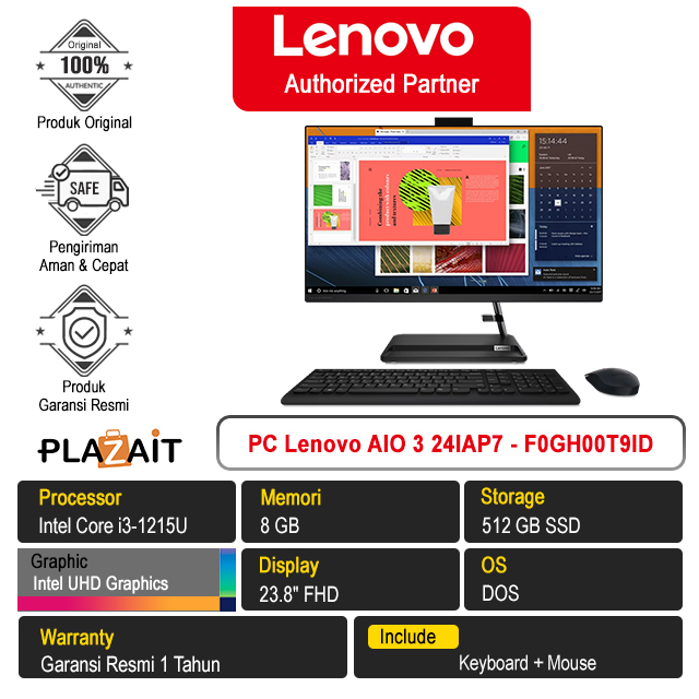 PC Lenovo AIO 3 24IAP7 - F0GH00T9ID /Intel Core i3-1215U/8GB/512GB SSD/Intel UHD Graphics/23.8" FHD/DOS/Black/1Y