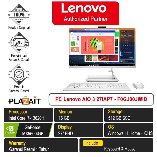 PC Lenovo AIO 3 27IAP7 - F0GJ00JWID /Intel Core i7-13620H/16GB/512GB SSD/MX550 4GB/27″ FHD/Windows 11 Home+OHS 2021/White/1Y