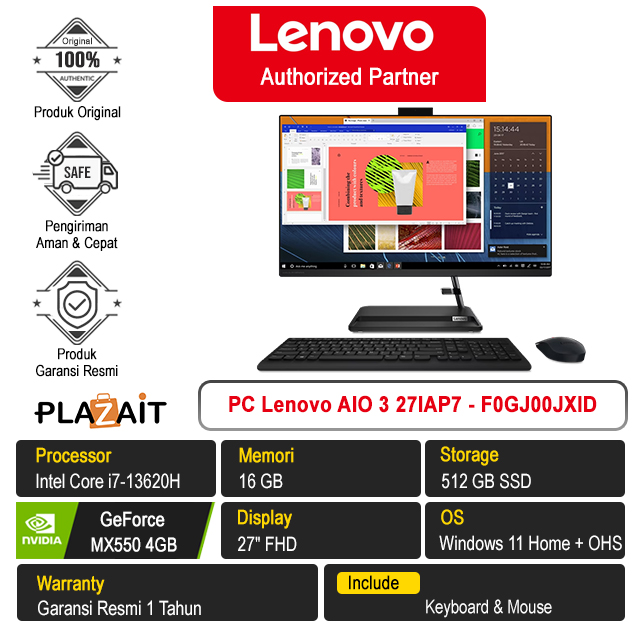 PC Lenovo AIO 3 27IAP7 - F0GJ00JXID /Intel Core i7-13620H/16GB/512GB SSD/MX550 4GB/27″ FHD/Windows 11 Home+OHS 2021/Black/1Y
