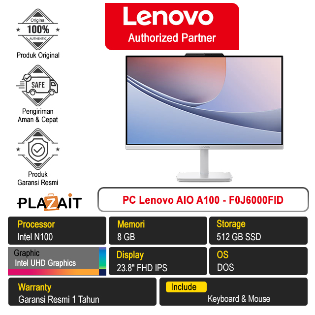 PC Lenovo AIO A100 - F0J6000FID /Intel N100/8GB/512GB SSD/Intel UHD Graphics/23.8" FHD IPS/DOS/Cloud Grey/1Y