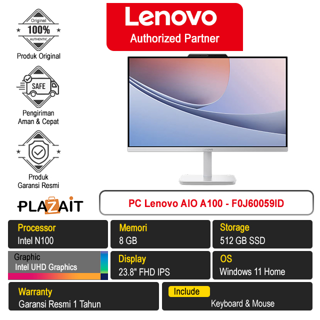 PC Lenovo AIO A100 - F0J60059ID /Intel N100/8GB/512GB SSD/Intel UHD Graphics/23.8" FHD IPS/Win 11 Home/Cloud Grey/1Y