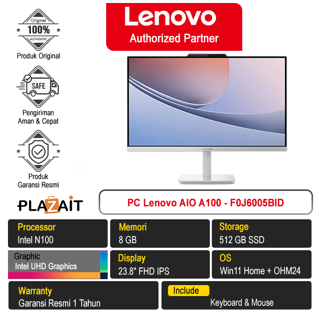 PC Lenovo AIO A100 - F0J6005BID /Intel N100/8GB/512GB SSD/Intel UHD Graphics/23.8" FHD IPS/Win 11 Home+OH24+M365/Cloud Grey/1Y