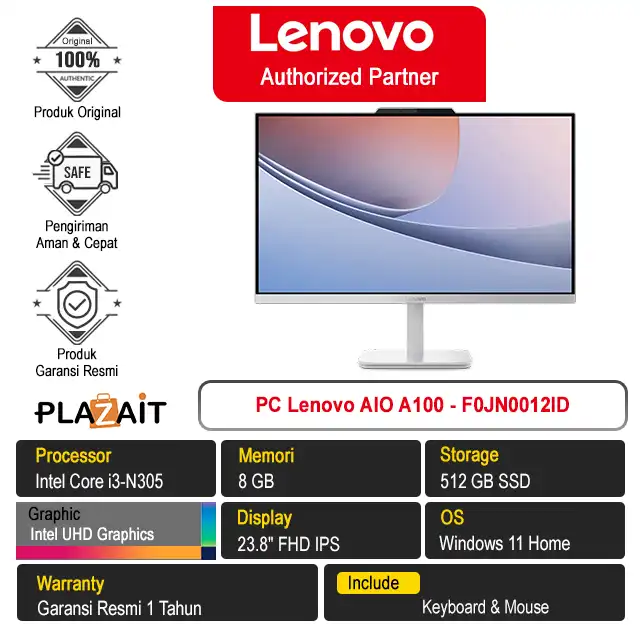 PC Lenovo AIO A100 - F0JN0012ID /Intel Core i3-N305/8GB/512GB SSD/Intel UHD Graphics/23.8" FHD IPS/Win 11 Home/Cloud Grey/1Y