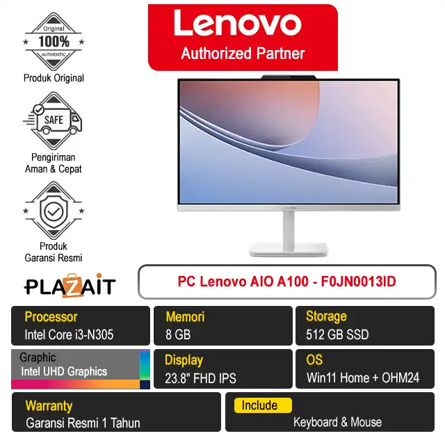 PC Lenovo AIO A100 - F0JN0013ID /Intel Core i3-N305/8GB/512GB SSD/Intel UHD Graphics/23.8" FHD IPS/Win 11 HomeWin 11 Home+OH24+M365/Cloud Grey/1Y