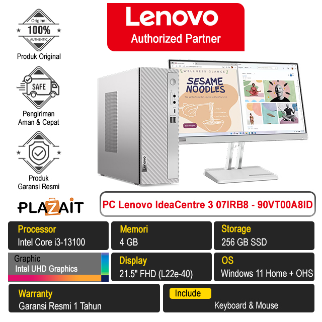 PC Lenovo IdeaCentre 3 07IRB8 - 90VT00A8ID /Intel Core i3-13100/4GB/256GB SSD/Intel UHD Graphics/21.5" FHD/Win 11 Home+OHS 2021/Cloud Grey/1Y