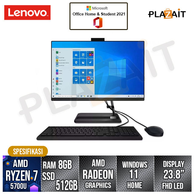 PC Lenovo IdeaCentre 3 24ALC6-F0G100C6ID/AMD Ryzen 7-5700U/8GB/512GB SSD/23.8" FHD/Win 11 Home + OHS 2021/Black