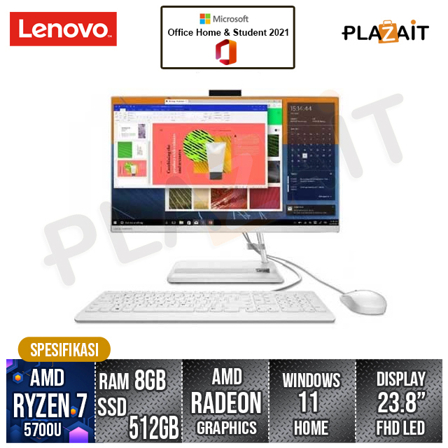 PC Lenovo IdeaCentre 3 24ALC6-F0G100C7ID/AMD Ryzen 7-5700U/8GB/512GB SSD/23.8" FHD/Win 11 Home + OHS 2021/White