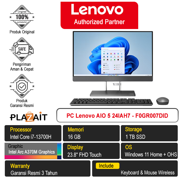 PC Lenovo IdeaCentre AIO 5 24IAH7 - F0GR007DID /Intel Core i7-13700H/16GB/1TB SSD/Intel Arc A370M 4GB Graphics/23.8″ FHD Touch/Win 11 Home+OHS 2021/Storm Grey/3Y