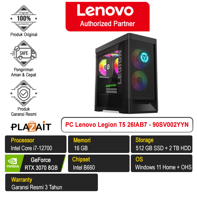 PC Lenovo Legion T5 26IAB7 - 90SV002YYN /Intel Core i7-12700/16GB/512GB SSD + 2TB HDD/RTX 3070 8GB/Win 11 Home+OHS 2021/Black/3Y