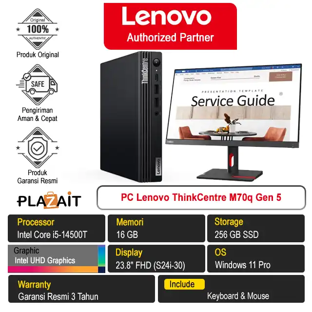 PC Lenovo ThinkCentre M70q Gen 5 /Intel Core i5-14500T/16GB/256GB SSD/Intel UHD Graphics/23.8" FHD/Windows 11 Pro/Black/3Y