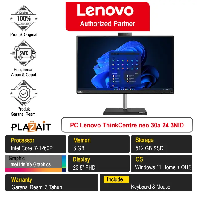 PC Lenovo ThinkCentre neo 30a 24 - 12CEA03NID /Intel Core i7-1260P/8GB/512GB SSD/Intel Iris Xe Graphics/23.8" FHD/Win 11 Home+OHS 2021/Raven Black/3Y
