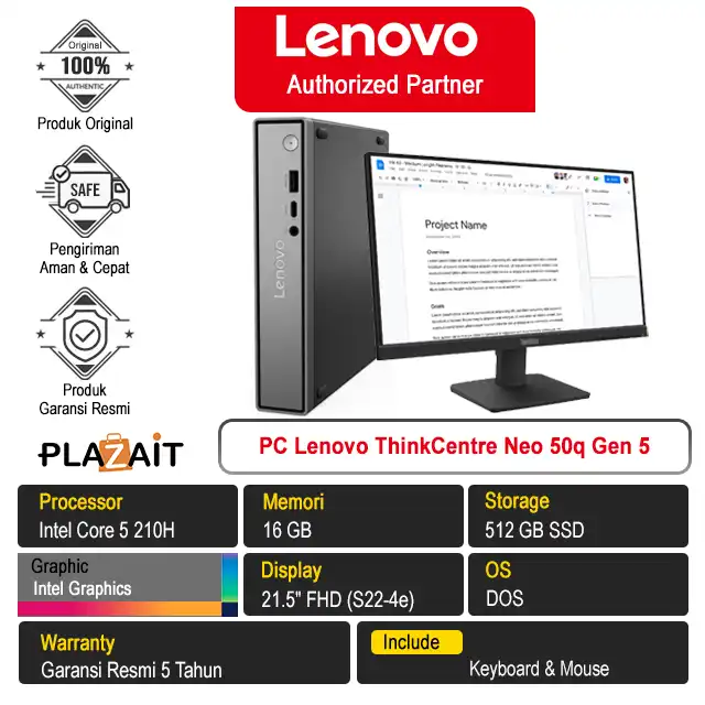PC Lenovo ThinkCentre Neo 50q Gen 5 /Intel Core 5 210H/16GB/512GB SSD/Intel Graphics/21.5" FHD/DOS/Black/5Y