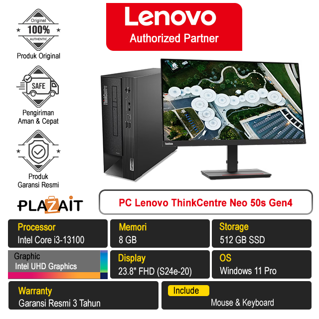 PC Lenovo ThinkCentre Neo 50s Gen4 /Intel Core i3-13100/8GB/512GB SSD/Intel UHD Graphics/23.8" FHD/Windows 11 Pro/Black/3Y