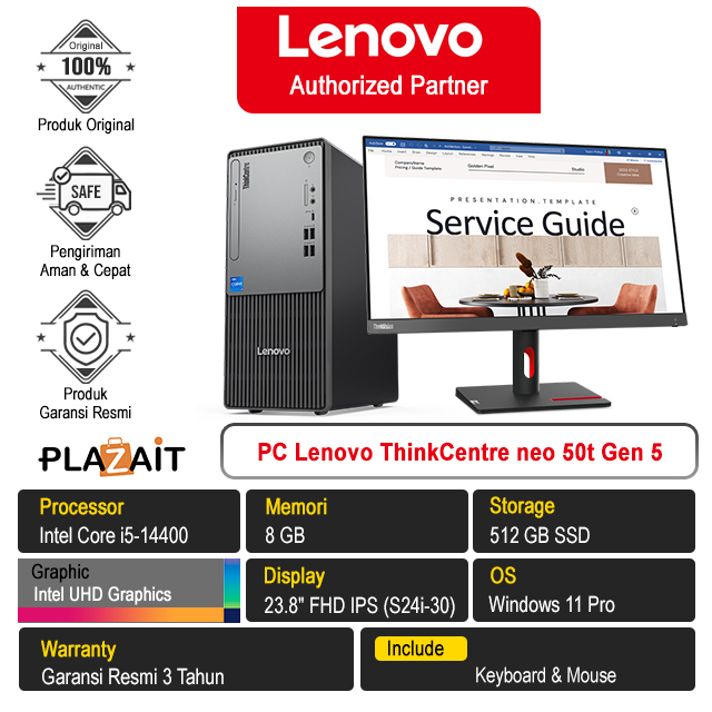 PC Lenovo ThinkCentre neo 50t Gen 5 - 12UDS00F00 /Intel Core i5-14400/8GB/512GB SSD/Intel UHD Graphics/23.8" FHD IPS/Windows 11 Pro/Black/3Y