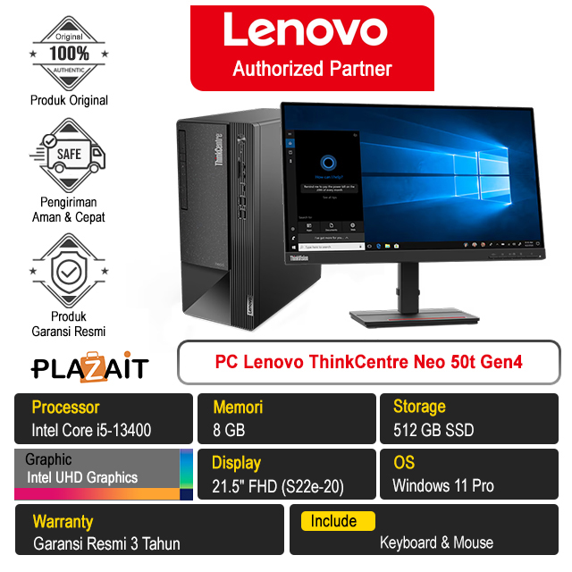 PC Lenovo ThinkCentre Neo 50t Gen4 /Intel Core i5-13400/8GB/512GB SSD/Intel UHD Graphics/21.5" FHD/Windows 11 Pro/Black/3Y
