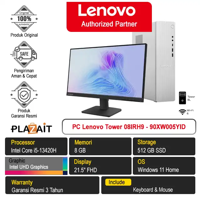 PC Lenovo IdeaCentre Tower 08IRH9 - 90XW005YID /Intel Core i5-13420H/8GB/512GB SSD/Intel Arc A310 LP 4GB/21.5" FHD/Win 11 Home/Cloud Grey/3Y