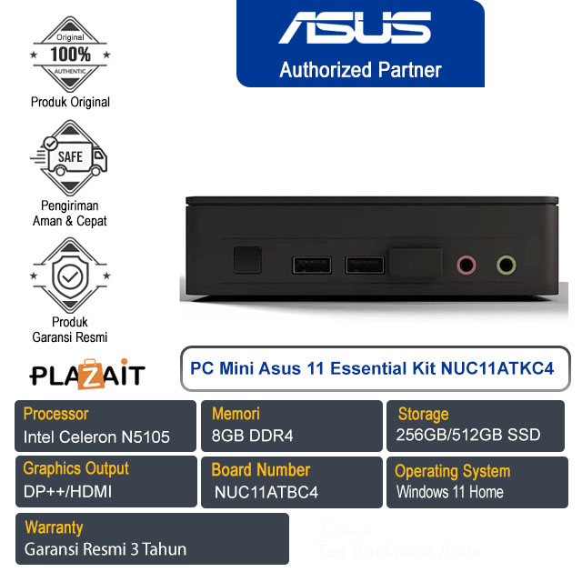 PC Mini Asus NUC 11 Essential Kit NUC11ATKC4 /Intel Celeron N5105/8GB/256GB|512GB/DP++/HDMI/Win 11 Home/Black/3Y