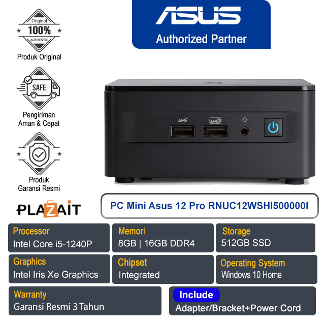 PC Mini Asus NUC 12 Pro RNUC12WSHI500000I /Intel Core i5-1240P/8GB|16GB/512GB SSD/Intel Iris Xe Graphics/Win 10 Home/Black/3Y