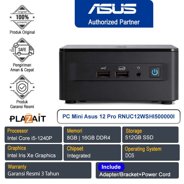 PC Mini Asus NUC 12 Pro RNUC12WSHI500000I /Intel Core i5-1240P/8GB|16GB/512GB SSD/Intel Iris Xe Graphics/DOS/Black/3Y