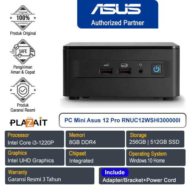PC Mini Asus NUC 12 Pro Tall Kit RNUC12WSHI300000I /Intel Core i3-1220P/8GB/256GB|512GB/Intel UHD Graphics/Win 10 Home/Black/3Y