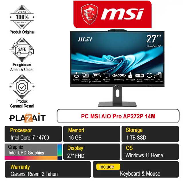 PC MSI AIO Pro AP272P 14M /Intel Core i7-14700/16GB/1TB SSD/Intel UHD Graphics/27" FHD/Windows 11 Home/Black/2Y