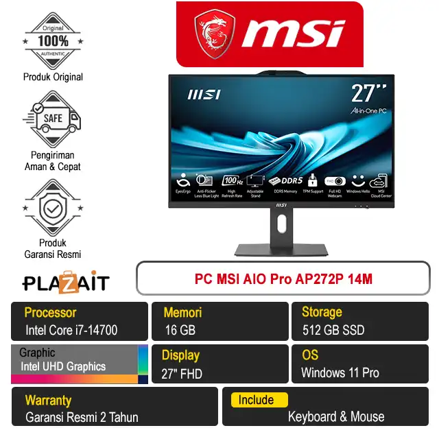 PC MSI AIO Pro AP272P 14M /Intel Core i7-14700/16GB/512GB SSD/Intel UHD Graphics/27" FHD/Windows 11 Pro/Black/2Y