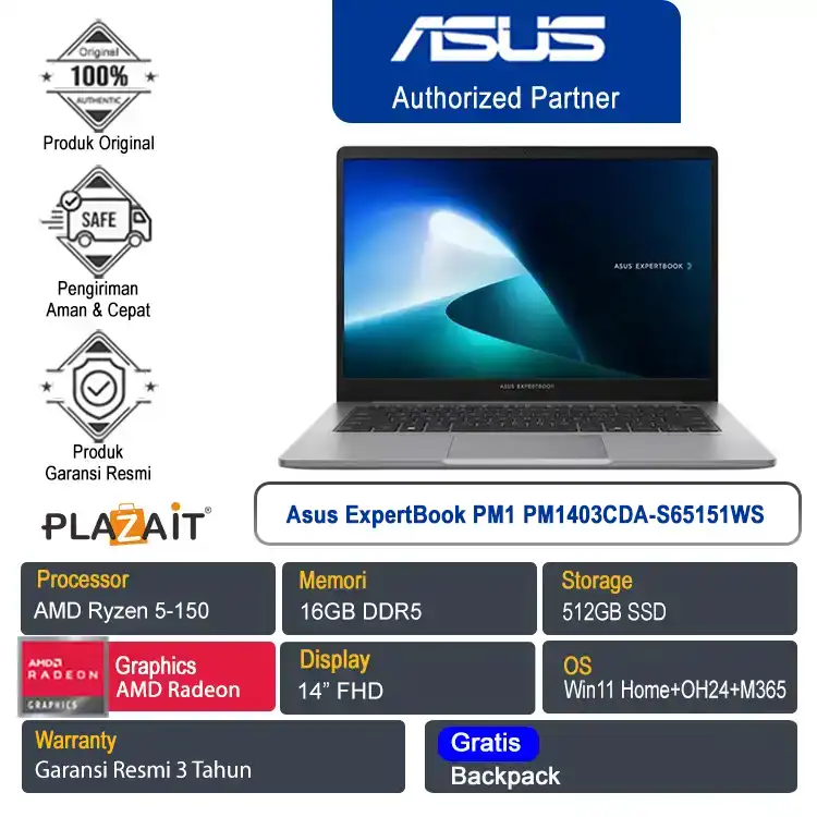 Asus ExpertBook PM1 PM1403CDA-S65151WS /AMD Ryzen 5-150/16GB/512GB SSD/AMD Radeon Graphics/14" FHD/Win 11 Home+OH24+M365/Misty Grey/3Y