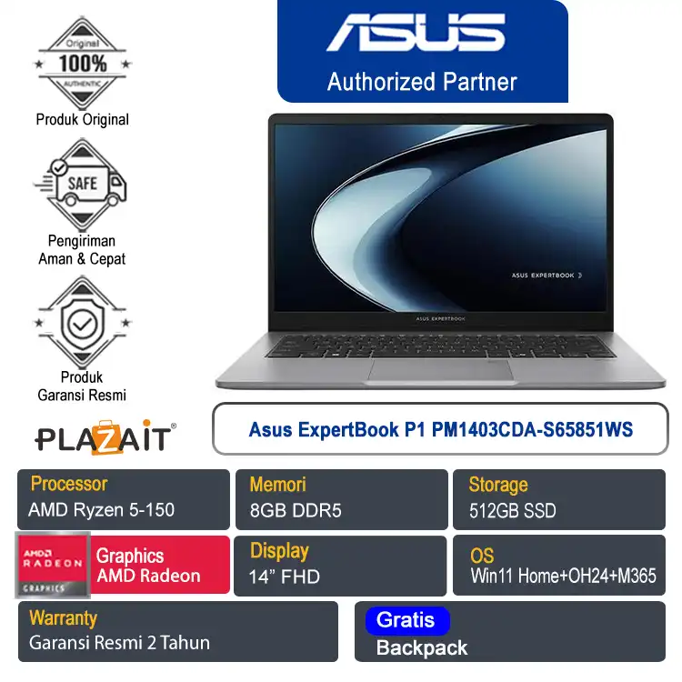 Asus ExpertBook P1 PM1403CDA-S65851WS /AMD Ryzen 5-150/8GB/512GB SSD/AMD Radeon Graphics/14" FHD/Win 11 Home+OH24+M365/Misty Grey/3Y