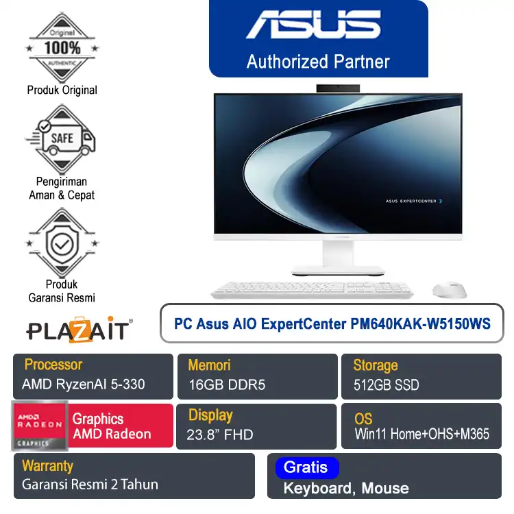 PC Asus All In One ExpertCenter PM640KAK-W5150WS /AMD Ryzen AI 5-330/16GB/512GB SSD/AMD Radeon Graphics/23.8" FHD/Win 11 Home+OHS+M365/White/2Y