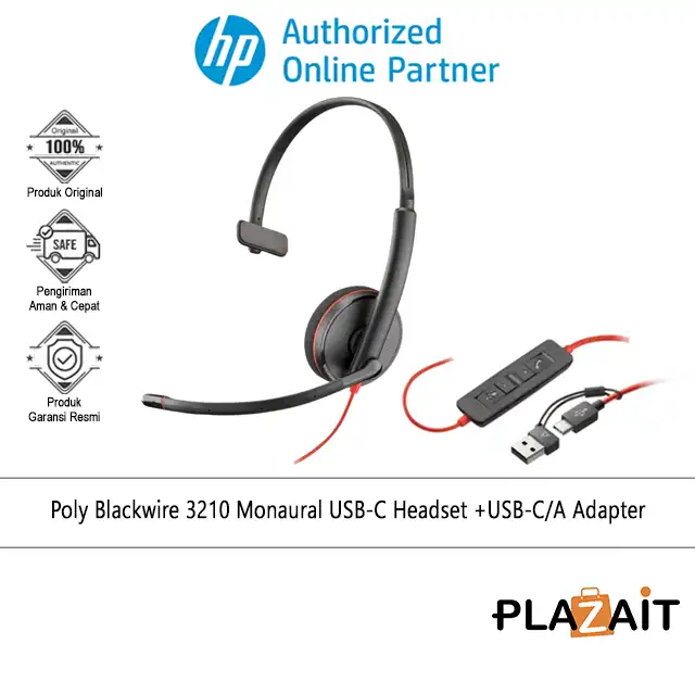 Poly Blackwire 3210 Monaural USB-C Headset +USB-C/A Adapter