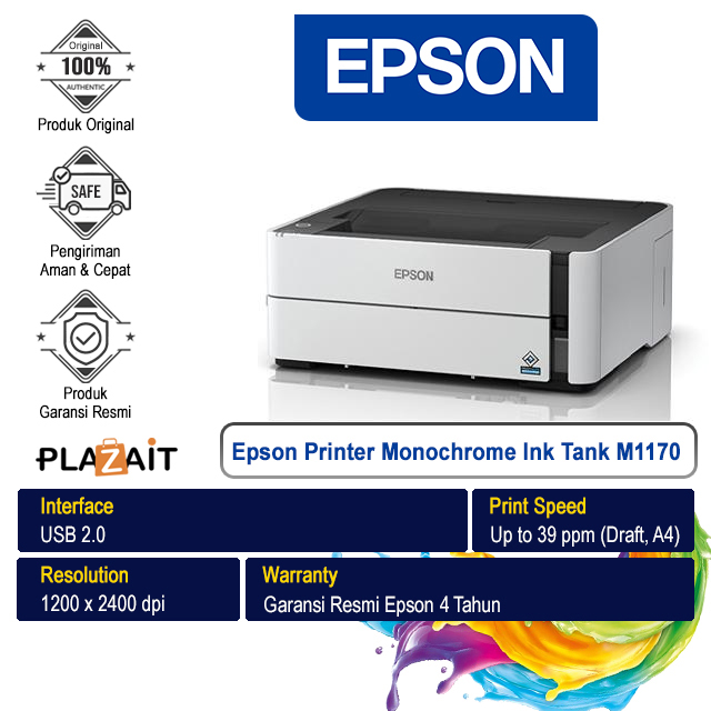Epson Printer EcoTank Monochrome Ink Tank M1170 A4 - Print Only