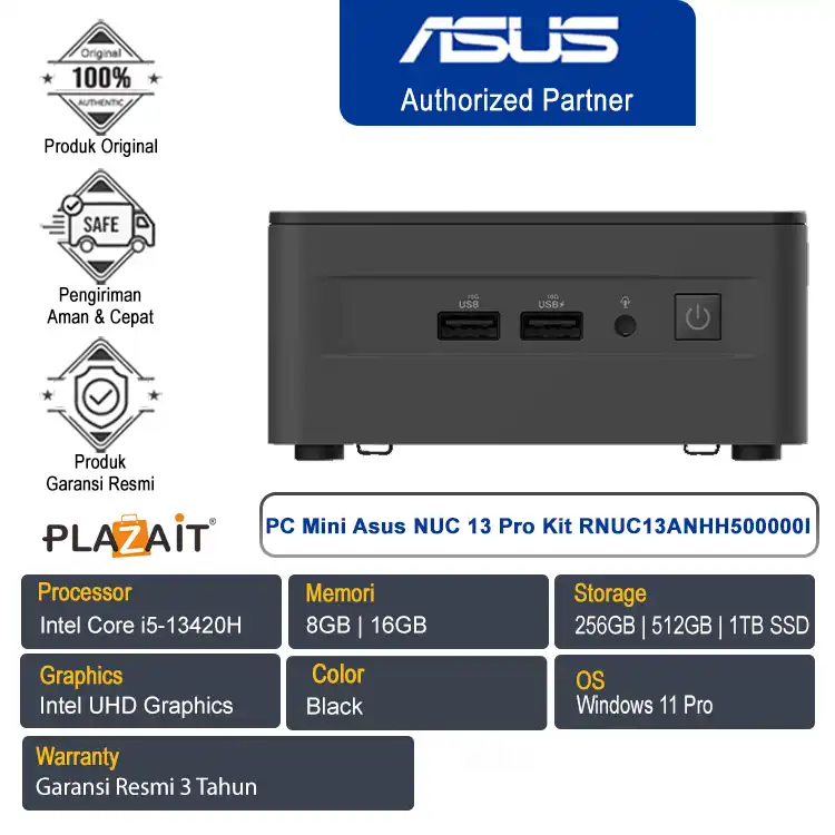 PC Mini Asus NUC 13 Pro Kit RNUC13ANHH500000I /Intel Core i5-13420H/8GB | 16GB/256GB | 512GB | 1TB SSD/Win 11 Pro/Black/3Y