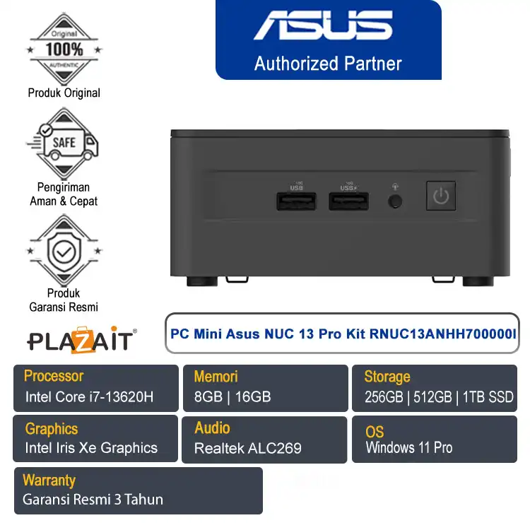PC Mini Asus NUC 13 Pro Kit RNUC13ANHH700000I /Intel Core i7-13620H/8GB | 16GB/256GB | 512GB | 1TB SSD/Win 11 Pro/Black/3Y