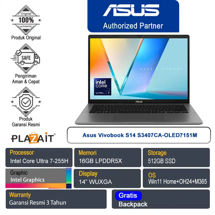 Asus Vivobook S14 S3407CA-OLED7151M /Intel Core Ultra 7-255H/16GB/512GB SSD/Intel Graphics/14" WUXGA/Win 11 Home+OH24+M365/Matte Gray/3Y