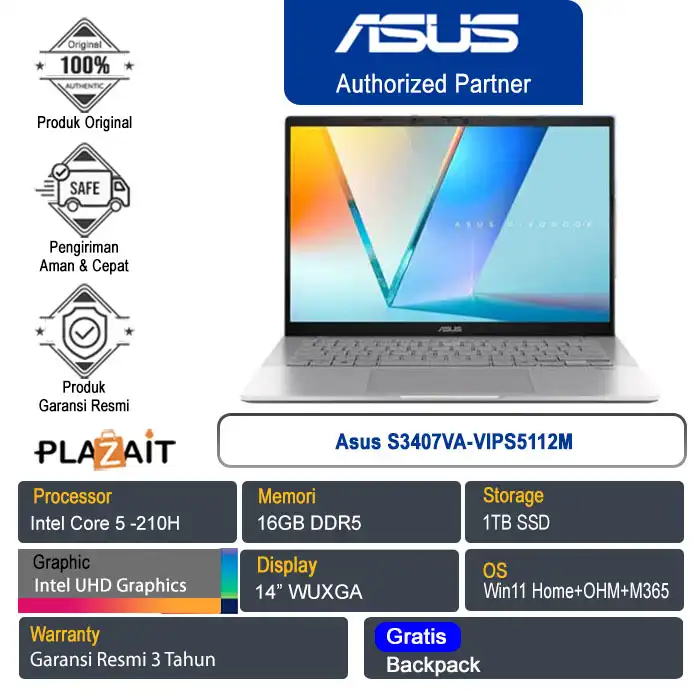 Asus S3407VA-VIPS5112M /Intel Core 5-210H/16GB/1TB SSD/Intel UHD Graphics/14" WUXGA /Win 11 Home+OHM+M365/Cool Silver/3Y