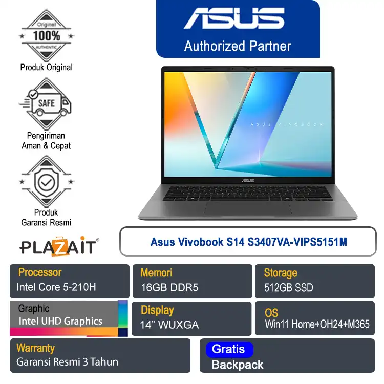 Asus Vivobook S14 S3407VA-VIPS5151M /Intel Core 5-210H/16GB/512GB SSD/Intel UHD Graphics/14" WUXGA/Win 11 Home+OH24+M365/Matte Gray/3Y