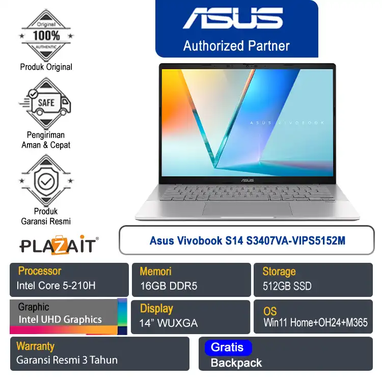 Asus Vivobook S14 S3407VA-VIPS5152M /Intel Core 5-210H/16GB/512GB SSD/Intel UHD Graphics/14" WUXGA/Win 11 Home+OH24+M365/Cool Silver/3Y