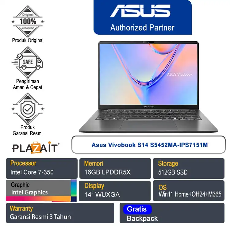 Asus Vivobook S14 S5452MA-IPS7151M /Intel Core 7-350/16GB/512GB SSD/Intel Graphics/14" WUXGA/Win 11 Home+OH24+M365/Matte Gray/3Y