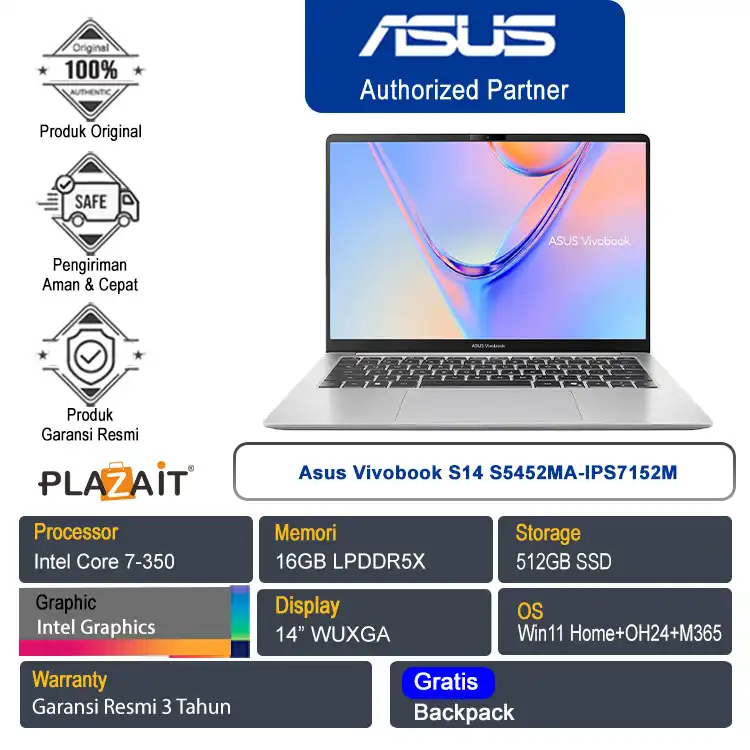 Asus Vivobook S14 S5452MA-IPS7152M /Intel Core 7-350/16GB/512GB SSD/Intel Graphics/14" WUXGA/Win 11 Home+OH24+M365/Cool Silver/3Y